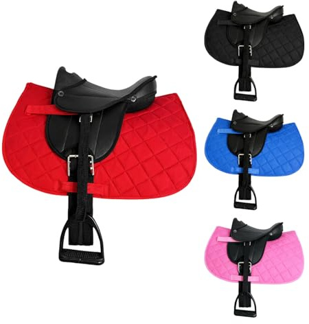 Brama West Set di sella per cavalli in legno My Happy Pony, sella per Shetty Pony, cavallo in legno, con copertura per sella, cinghia per sella, staffe e staffe, coperta bicolore rossa/sella nera