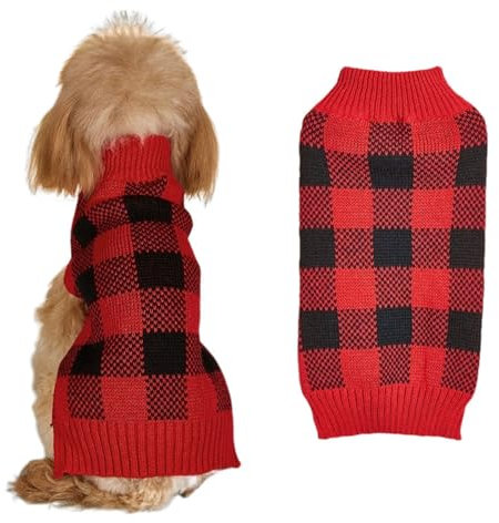 FANSU Weihnachten Kariert Hundepullover, Weihnachtstag Hunde Pullover Waschbar Hundepulli, Strick Pullover Hunde Shirt Elastisch Wärme Hunde Pullis, Strickpullover für Corgi Dackel (L,Rot)