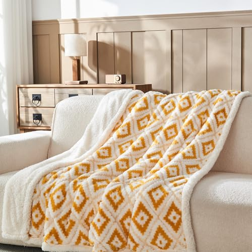 Wajade Böhmische Kuscheldecke Rhombus Flauschige Fleecedecke Winter Warme Plüschdecke Luxuriöse Kunstfelldecke Weiche Decke für Bett Couch - Gelb 153 * 203
