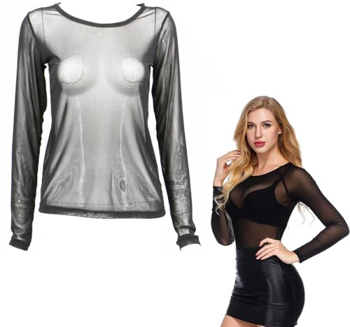 WUSJCOF Hauts Transparents, T-Shirt à Manches Longues, Top en Maille Sexy, Blouse Sheer Mesh, Matériau Doux et Respirant, Elastique, Chemise Tulle, Tenue de Moulante pour Soirée Club, Dentelle Noir