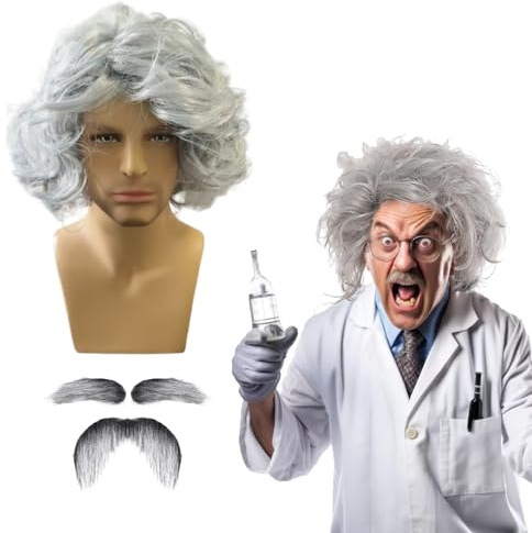 QSZHSL 3 Stück Graue Perücken Set mit Bart Verrückte Wissenschaftler Kostüm Perücke Männer, Opa Perücken, Wissenschaftler Professor Perücke Verkleidungs Perücke für Party Cosplay Halloween (3 Stück)
