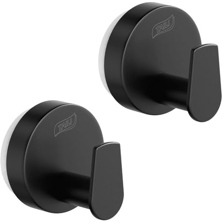 TAILI Ganchos ventosa para baño, 2 piezas, redonda tipo C, Negro | Acero inoxidable, sin taladro, reutilizables, para toallas y albornoces, válidos para baño y cocina