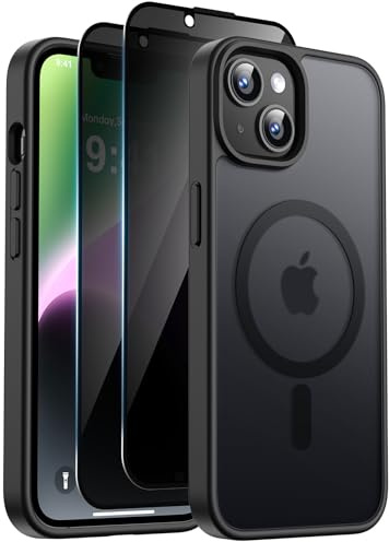 Helssitot Coque Magnétique pour iPhone 13 / iPhone 14 avec 2 Verre Trempé Anti-Espion Compatible avec MagSafe Militaire Étui Housse Antichoc Bumper Militaire 6,1 Pouces-Noir