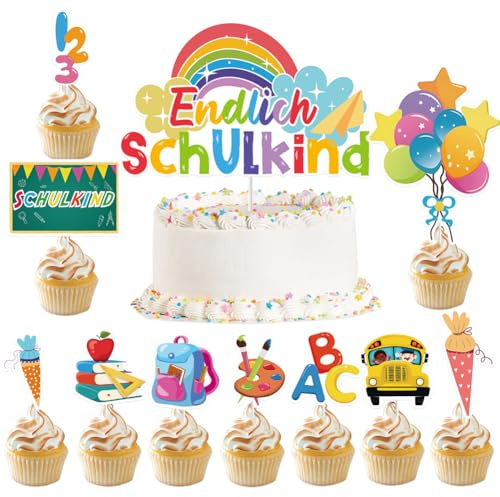 20 Stück Tortendeko Einschulung Junge und Mädchen, Schulanfang Kuchendeko für Schulkind Cake Topper Einschulung Party Torte Dekoration (Bunt)