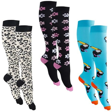 HERKINDNESS Kompressionsstrümpfe Sport, 3 Paar Compression Socks, S/M Reitsocken, 3 musterdesigns, Kompressionsstrümpfe, für Sport, Reisen, Laufen