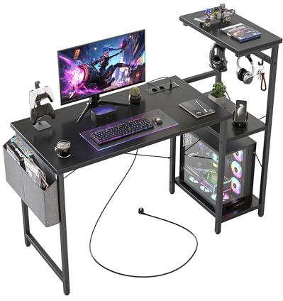 CubiCubi Gaming Tisch mit Steckdosen (2 AC+USB-A+USB-C), Schreibtisch 110 x 50 cm Kleiner Computertisch mit Verstellbarem Regal, 4 Haken & Tasche für Esports-Zimmer, Home Office, Carbonfaser Schwarz