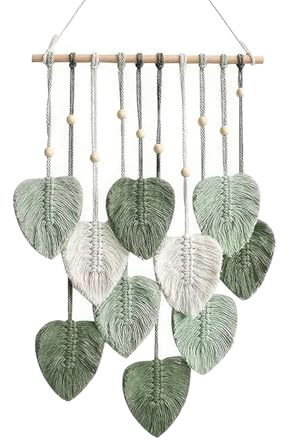 ZSYSD Makramee Wandbehang Wandteppich Boho Deko Grün Blätter Wandteppich Gewebte Wanddeko Blatt Baumwollseil Tapisserie Gewebte Blattquasten für Schlafzimmer Wohnzimmer Wanddeko 40 x 100 cm
