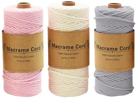 Hyacinthy Set di 3 rotoli di filo macramè, 3 mm x 100 m, per principianti, artigianato, tessitura, decorazione, appendere piante, arazzi da parete, maglia beige (4.Beige+Grigio+Rosa)