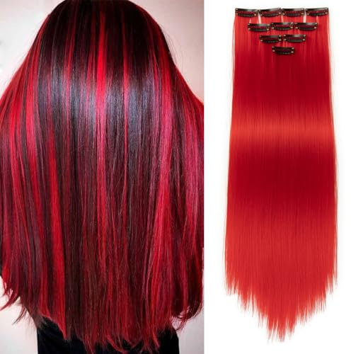 PARXITN 10 ciocche colorate per capelli da 22 pollici, con clip, per feste, cosplay, festival, carnevale, Halloween, Natale, rosso
