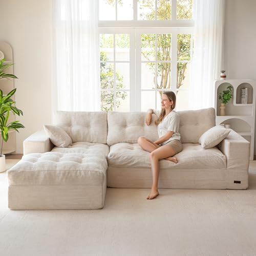 MAXYOYO Modular Sectional Sofa,Jumbo Cord 3-4 Seater Corner Sofa Left/Right Hand Facing Corduroy L Shaped Couch for Living Room Bedroom, No Assembly Required Off-white