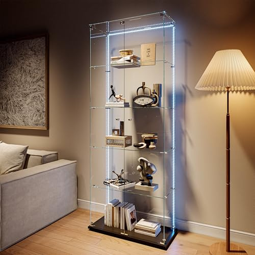 Glasvitrine Standvitrine mit LED, Glasvitrine Stehend mit 5 Lagen Glas, Schrank für Sammlung mit abschliessbar Vitrinenschrank 2 TüR & Schloss Vitrine Glasschrank für Wohnzimmer Büro Sammlerstücke