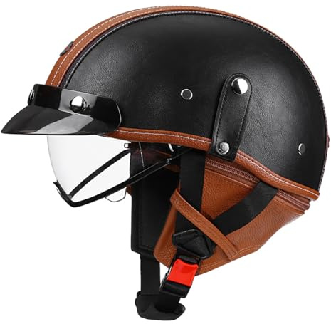 Caschi Jet E Demi-Jet Vintage Caschi Cromwell Casco A Scodella Con Visiera Casco Mezzo Pelle DOTECE Omologato Elmetto Da Moto Retrò Aperto Casco Scooter Per Adulti Unisex M,M:57-58CM