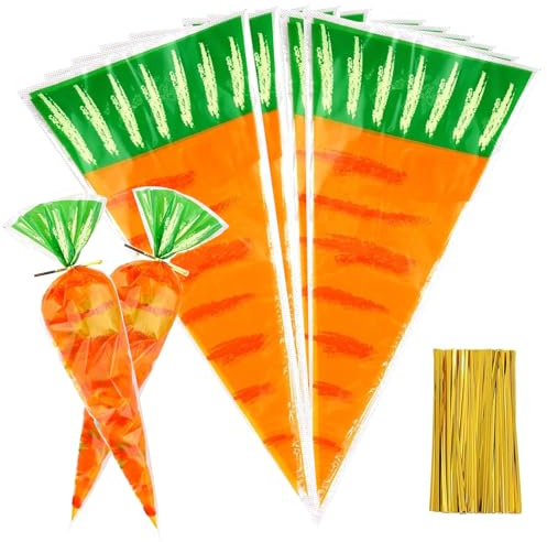 Kegel Geschenktüten Ostern,50 Stück Oster Karotten Tüten,Zellophantüten Ostern,Karotten Spitztüten Süßigkeiten Tüten,Cellophantüten,Ostertüten zum Befüllen,mit 50 Twist Krawatten Ostertüte Karotte