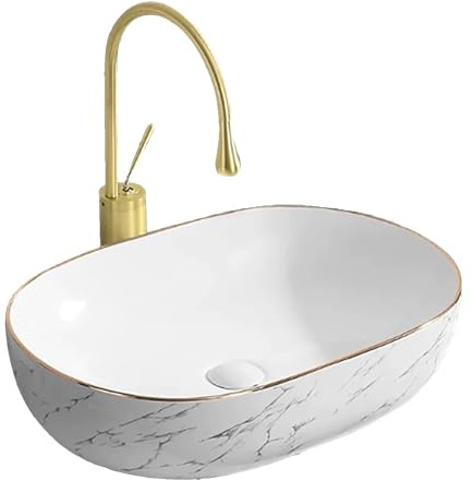 Lavabo de Salle de Bain en Céramique à Motif Pierre, avec Bordure Dorée, Grande Capacité, Cuvette Cuite à Haute Température, idéal pour Meuble-Lavabo, Salle de Bain et Toilettes