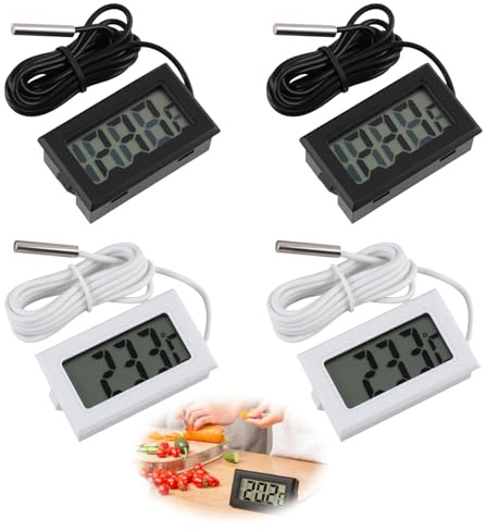 4 Pcs Digital Thermometer with External Probe, Digital Temperature Monitor Mini Room for Fridge Freezer Refrigerator, 12-24V Range -50℃ to +110℃, Accurate Readings, Moisture Resistant, Compact Size