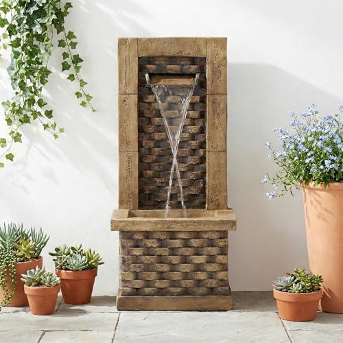 Gartenbrunnen für Außen im Antik-Stil mit LED – Springbrunnen aus Harz mit Wasserfall, Zierbrunnen für Terrasse & Balkon, authentische Steinoptik in Antique Brown