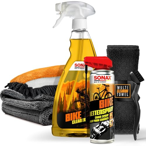 Rengöringsset för cykel | Sonax Bike Cleaner cykelrengöring 1 l kedjespray kedjeborste tvätthandske torr handduk | cykelvårdsset | rengöringsset för e-cykel mountainbike vägcykel
