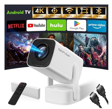 Proiettore Portatile 4K,SEPYMP 2025 Upgraded Android 13 Proiettore| 4K e 1080P HD | WiFi 6 e Bluetooth 5.2 | Compatibile con TV Stick, PS5, Laptop, HDMI, USB