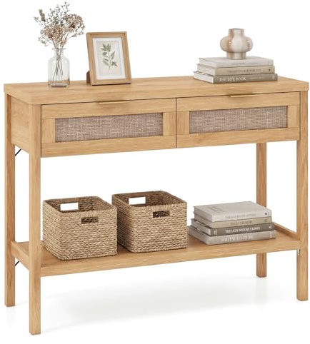 COSTWAY Mesa Consola Estrecha, Consola de Recibidor con 2 Cajones de Ratán, Estante de Almacenamiento Abierto, Kit Antivuelco, Mesa Auxiliar de Sofá para Entrada, Pasillo, 100 x 35 x 76 cm (Natural)