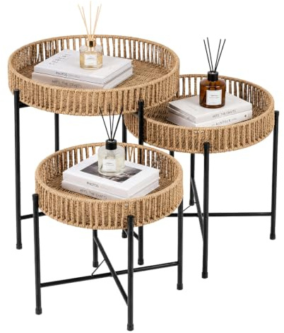 GoDyna 3-teiliges Rundes Beistelltisch Set, Nesting Couchtische aus geflochtenem Papierseil mit Metallgestell, Boho Wohnzimmertische/Nachttische/Pflanzenständer Set, Naturfarbe