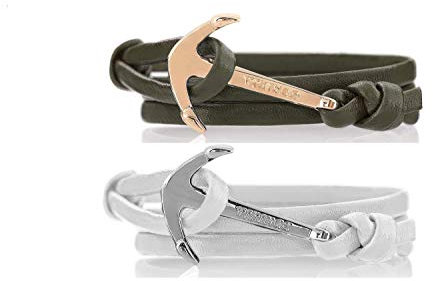 VIKINGS Anker Pärchen Armband 2er Set Leder Olivgrün Weiss, Anker Leder Olivgrün Weiss:Olivgrün - Gold/Weiss - Silber
