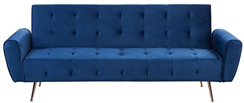 3-Sitzer Schlafsofa Samt blau gesteppt mit hohen Metallfüßen Kupfer Selnes