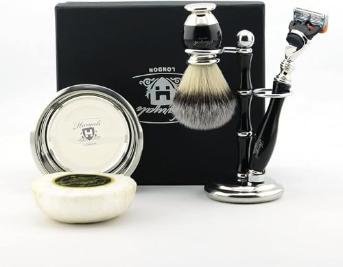 Haryali London Rasierset für Herren im handgefertigten Lederetui, 5-in-1 Rasierhobel Set, inkl. Rasierständer, Rasierer kompatibel mit Fusion 5, Rasierpinsel, Rasierschale Edelstahl und Rasierseife