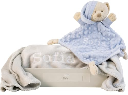 Doudou Personalisierte BigBunny-Puppe für Neugeborene, weiche Decke mit Namen-Stickerei, Geschenk für Babyparty, Geburt (Doudou + Decke, Grau) | BebeDeParis