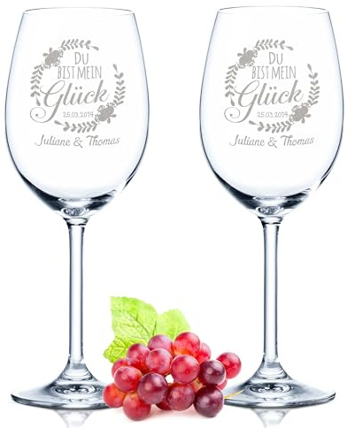 GRAVURZEILE Leonardo Weingläser mit Gravur - Du bist mein Glück im Set - Personalisiert mit Namen & Datum - Geschenk zur Hochzeit, Verlobung & Jahrestag - Geschenke für Sie & Ihn - Farbe: Daily