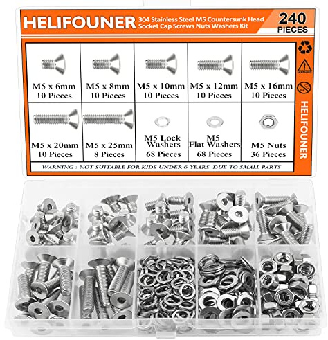 HELIFOUNER 240 Pieces M5 x 6mm /8mm /10mm /12mm /16mm /20mm /25mm, Countersunk Head Socket Cap Screws Bolts Washers Nuts Kit, 304 Stainless Steel