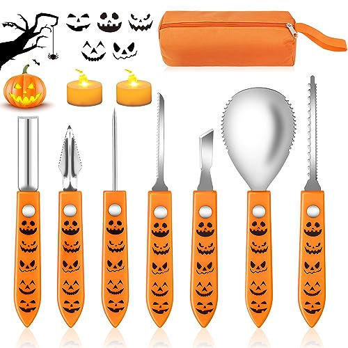 TOGOU2S Pumpkin Carving Kit with Stencils and 2 LED Candle Lights, Halloween Pumpkin Carving Tools, Pumpkin Carving Set, Stainless Steel Halloween Accessories Decoration