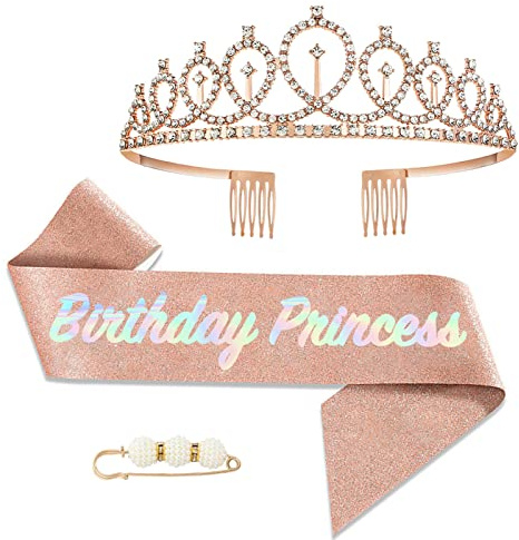 POPOYU Birthday Prinzessin Krone und Schärpe,Sweet Birthday Krone mädchen,Geburtstag Tiara Roségold,deko Geburtstag Schärpe,Geburtstag mädchen Kopfbedeckung für Geburtstagsgeschenk Partyzubehör
