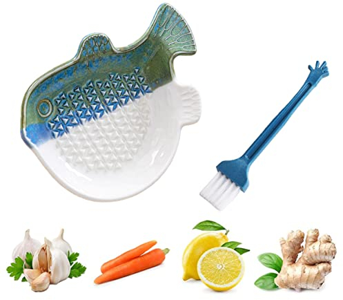 Kleine Fische knoblauchreibe Keramikreibe mit Pinsel, Keramik Ingwerreibe für Knoblauch,Ingwer,Kurkuma,Spülmaschinenfest,12 * 9 * 3cm