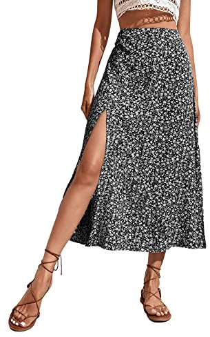 GORGLITTER Rock Damen Sommer Lang Rock Mit Blümchen Rock Mit Schlitz A-Linien Rock Blumenrock Geblümt Rock Mit Hoher Taille Schwarz L
