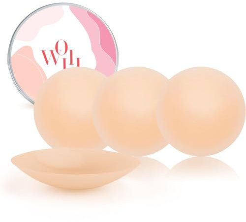 OWill 2 Paires Cache Tetons Femme Reutilisable en Silicone Doux,Nipple Cover Femme,Soutien-Gorge Adhésif Invisible,Push Up Sein,Ultra Fins,Coque Adhésive,avec Boîte de Rangement(8cm,Beige)