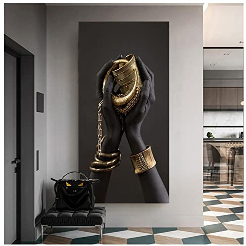 Leinwand-Kunstposter und Drucke mit schwarzen Händen, die Schmuck halten, afrikanische Kunst, Leinwandgemälde an der Wand, Kunstbilder für Wohnzimmer, 70 x 140 cm, ohne Rahmen