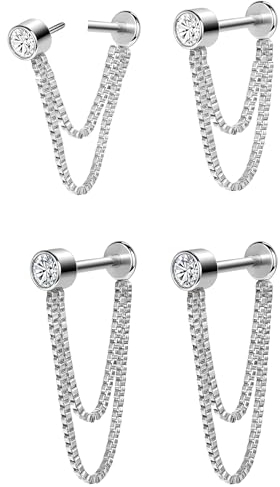 AoedeJ 2 Pairs Chain Dangle Earrings - Flat Back, Threadless (Silver)