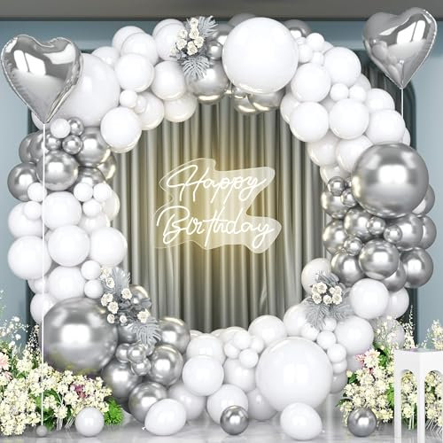 Unisun Kit Arco Globos Blancos Plateados, 147 Piezas Guirnalda Globos Plateados Metálicos con Globos Forma Corazón para Decoración Bodas Fiestas Cumpleaños Aniversario Compromiso Baby Shower