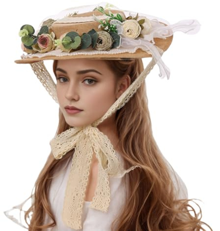 Chapeau de Soleil Victorien pour Femme avec nœuds Lolita et Fleurs Marron
