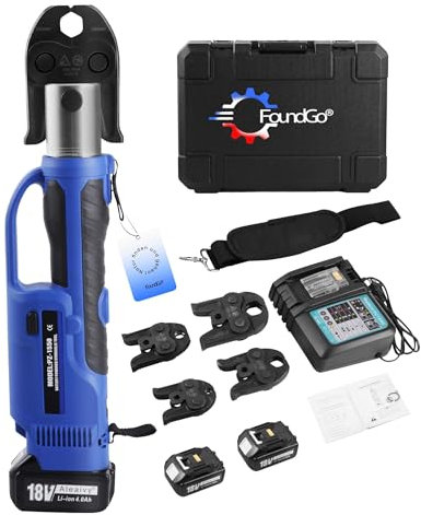 FoundGo Pro Press Tool 18V hydraulic crimping kit with 1/2, 3/4, 1, and 1-1/4 Pro Press Jaws for Stainless Steel/Copper/PEX Pipes, Pipe Press Tool Kit with 2 Battery, Fast Charger & Carrying Case