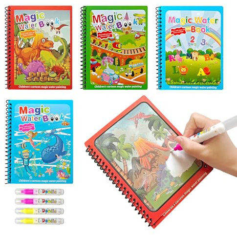 4 Piezas Libro Magico Pintar Con Agua, Magic Water Book Reutilizable(15 * 18.8 CM), Libro Agua Colorear Mágico Con 4 Bolígrafos, Libro De Colorear Con Agua Para Niños Y Niñas
