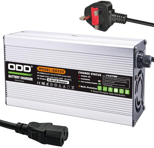 QDD Chargeur de batterie Li-ion 71,4 V 5 A 60 V - Boîtier en aluminium argenté - Sortie C13 N + L - Connecteur utilisé pour batterie au lithium 17S 60 V