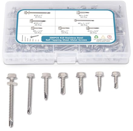 Tek Schrauben Sortiment Set – 200 Stück selbstbohrende Schrauben aus Edelstahl 410, verschiedene Größen #8 & #10, für Metall, Kunststoff & Holz – mit praktischer Aufbewahrungsbox