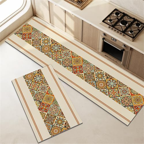 Highdi Tappeto Cucina in Diatomite, Mandala Etnico Passatoia Cucina Antiscivolo, Tappeti Runner Lavabile Assorbimento, Tappetino per Doccia per Ingresso Bagno Camera da Letto (Beige,40x120cm)