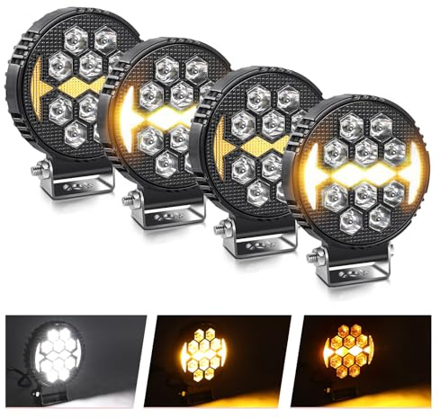 BraveWAY 4PCS 80W 25000 LM Rond Phare De Travail Led 12v 24v, 4 Pouces Phares Longue Portee led, Ambre Flash Stroboscopique Pour Suv, Camion, Moto, Tracteur, Tracteur
