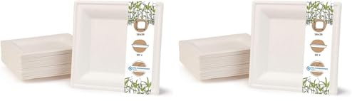 GREENBOX - Vaisselle jetable en bagasse écologique - 50 assiettes carrées blanchies - 26 x 26 cm - Assiettes jetables de fête bio (Lot de 2)