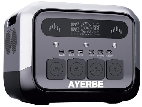 Estación de Energía AY-1024 WH / 1200 W con Batería LFP, 3 Salidas CA, USB-C 100 W y 60 W, Carga Solar y Coche, para Emergencias y Camping
