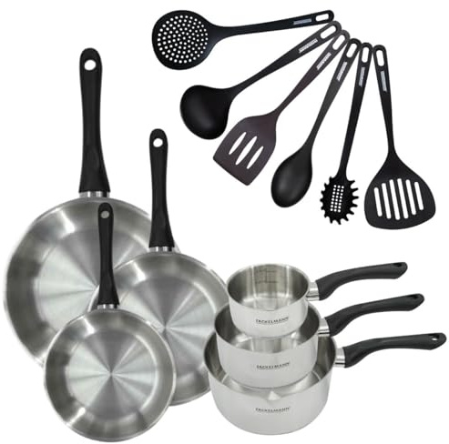 Fackelmann Batterie 3 poêles 20/24/28 cm et ustensiles | 11 pièces pour cuisiner et servir sans manquer de format, 3 poêles 20 à 28 cm, 3 casseroles 12 à 20 cm, Inox 18/8 et RPET