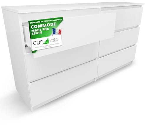 CDF Kommode Weiß mit 6 Schubladen 40 cm Tief Komodenschrank Komode für Wohnzimmer Schlafzimmer Schubladenschrank Malm Kommode viel Stauraum Geeignet Organizer Kleidung 138 cm Breite Modern Look