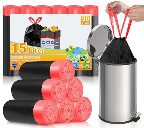 XIQIYY 15L Small Black Bin Bags with Drawstring, 90 Counts Bin Liners | Leak-Proof, Strong Rubbish Bags, Unscented, Fit 15 Litre Pedal Bins for Bathroom, Office Use